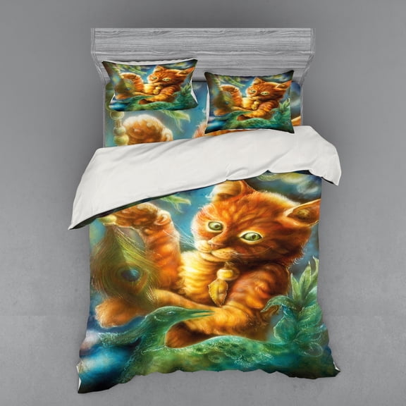 Cats Duvet Cover Set, Fantasy Painting Radiant Orange Cartoon Cat Peacock Feather Bird Dreamy, Bedding Set with Shams and Fitted Sheet, 3 Sizes, by Ambesonne