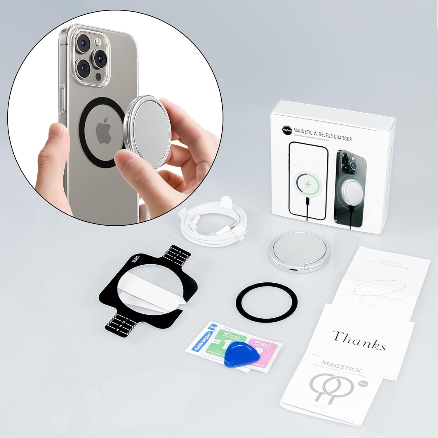 NEOYFC for Wireless Charger for iPhone, 15w Mag-Safe Charger for iPhone 16 Pro Max/16 Pro/16 Plus/16/15/15 Pro/15 Plus/15 Pro Max Series,and Android, AirPods 3/2/Pro, Silver