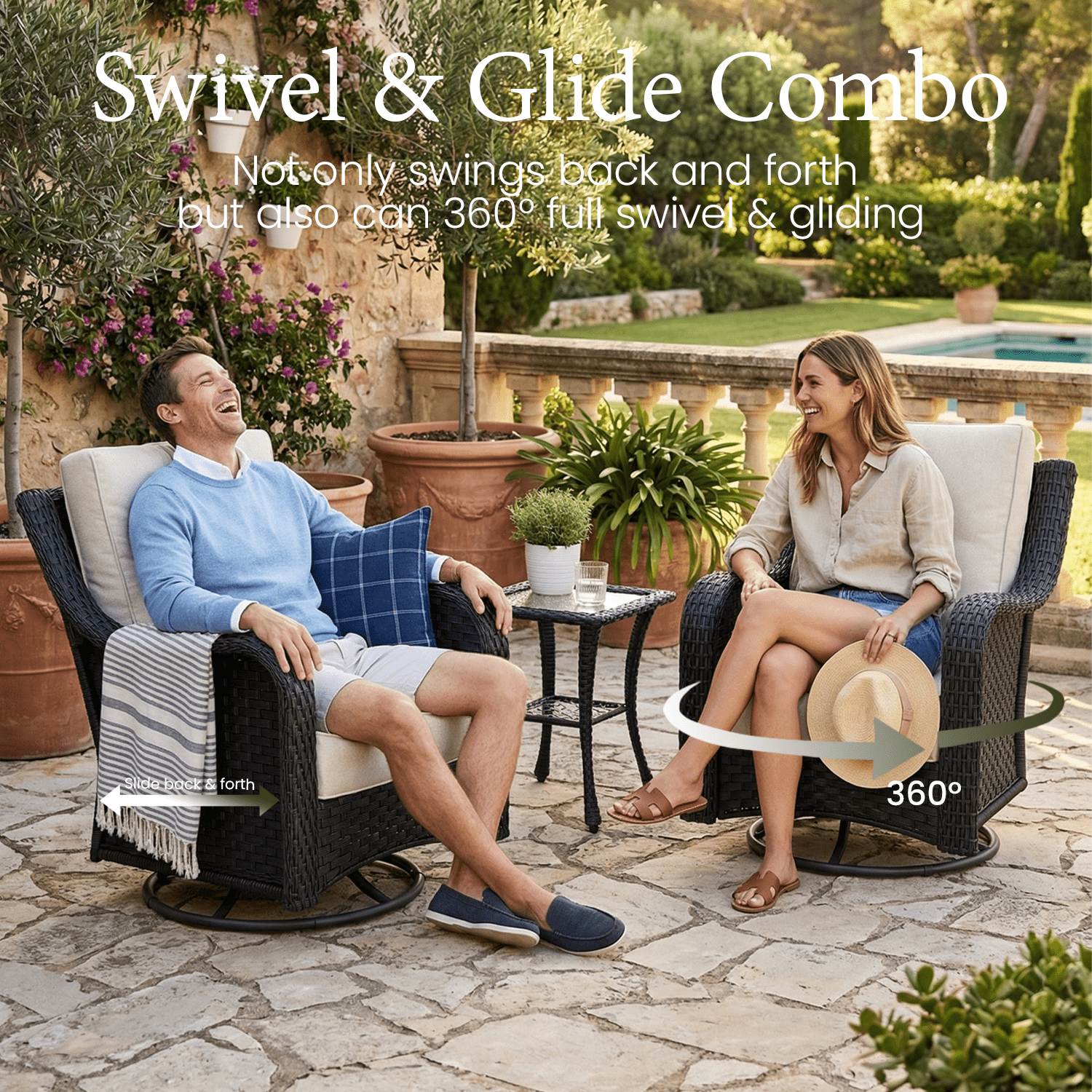 LayinSun 9 Piece Wicker Outdoor Furniture Set with 6-inch Comfy Cushions, High Back Patio Furniture Set with Swivel Rocking Chairs and Side Table