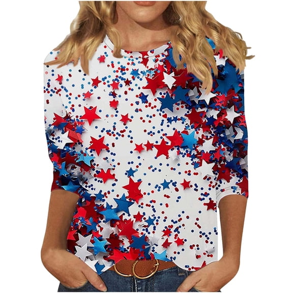 ChaoHeng 3/4 Length Sleeve Womens Tops Cotton Casual Independence Day Print Pullover Tee Multicolor S