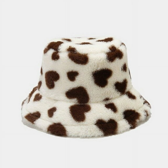 CoCopeanut Topi Ember Berbulu Palsu Gambar Hati Musim Dingin Baru Topi Hangat Luar Ruangan Wanita Topi Nelayan Berbulu Beludru Lembut Mode Anak Perempuan Panama