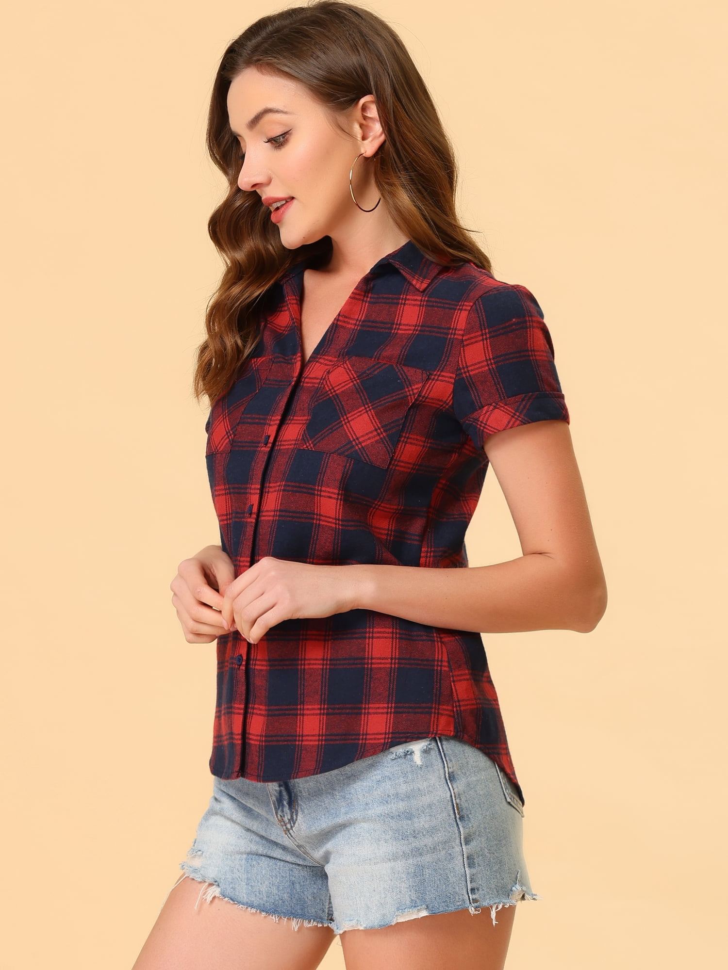 DARING DIVA Women's Casual Boyfriend Plaid Button Down Flannel Shirt M Dark Blue Red