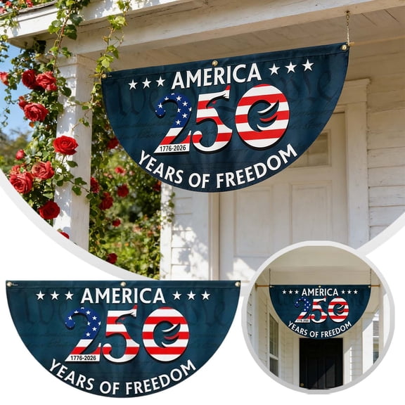 USA 250th Anniversary (1776-2026) Fan-Shaped Commemorative Flag - Patriotic "America 250 Years of Freedom" Bunting for Porch, Party & Home Decor (Navy Blue)