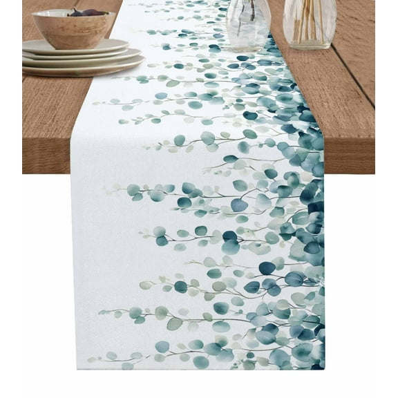 Eucalyptus Leaves Table Runner Cotton Linen 120 Inch Holiday Dresser Scarves, Watercolor Spring Nature Botanical Vines Tablerunner for Kitchen Coffee Dining Bedroom Dinner Scarf Décor 13''x120''