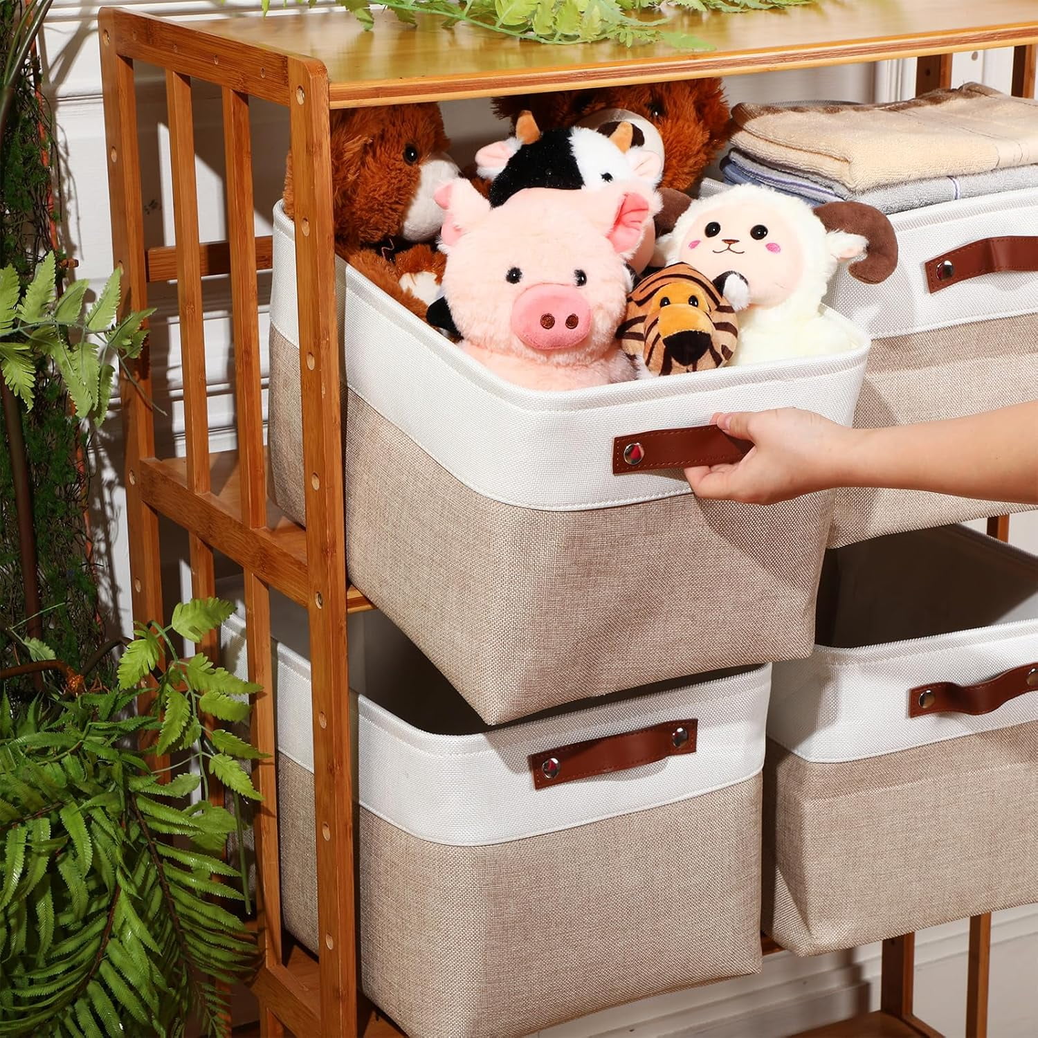 10 Pcs Collapsible Storage Bins Fabric Foldable Storage Basket with Handles Cloth Organizer Linen Shelf Baskets for Shelves Home Closet Nursery Toys(16 x 12 x 10 Inch,Beige and White)