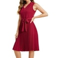 thumbnail image 4 of INSPIRE CHIC Pleated Dress for Women's Sleeveless V Neck Tie Waist A-line Midi Dresses L Burgundy, 4 of 6