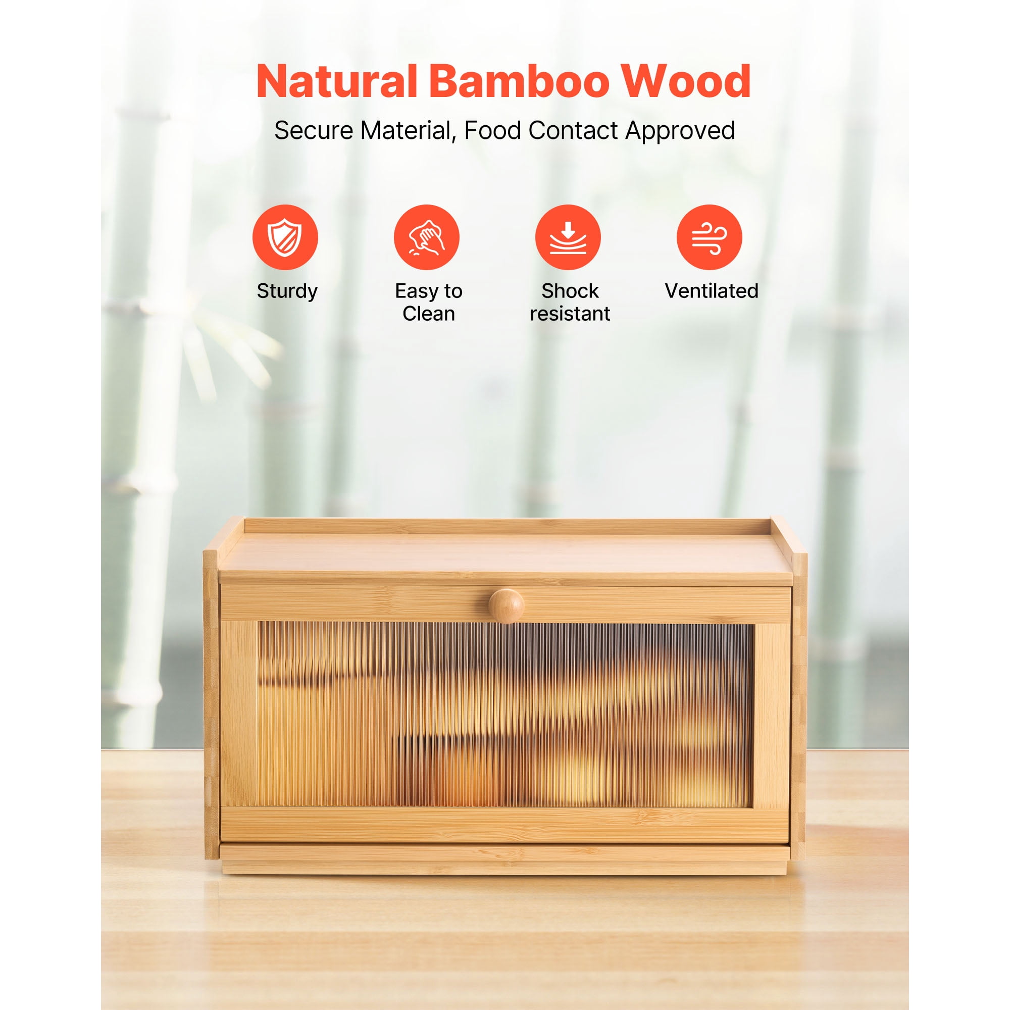 KFFKFF Large Capacity Bamboo Bread Storage Box for Kitchen Counter, Wooden Organizer for Homemade Bread with Acrylic Wavy Door, Natural Farmhouse Design