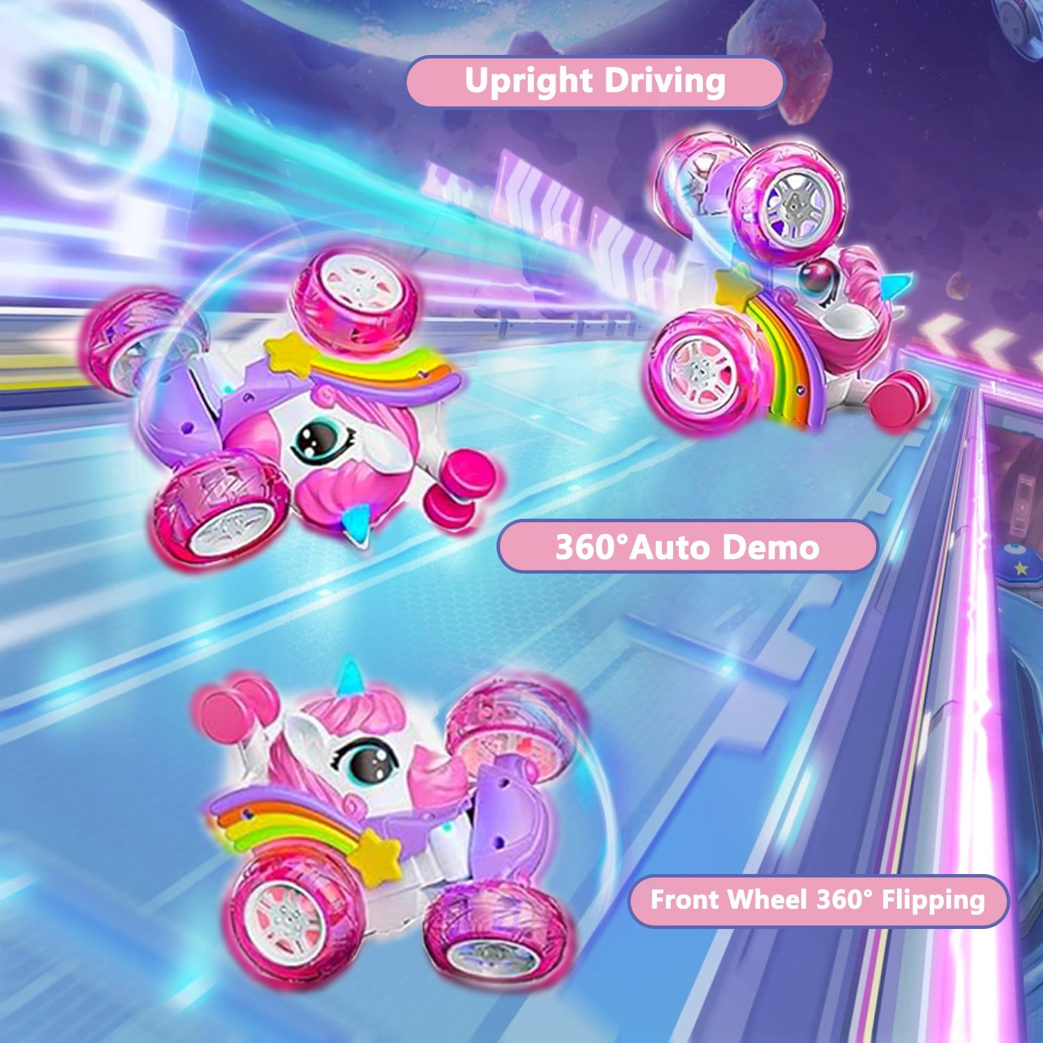 Sunforu Pink Unicorn RC Car for Girl, 360° Stunt Rotation 4WD Remote Control Cars with Lights and Music, Birthday Gift for 3 4 5 6 Years Old Girl