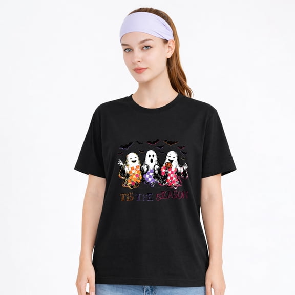 Women's Cotton T-Shirt Ghost Trio Floral Graphic Halloween Tee