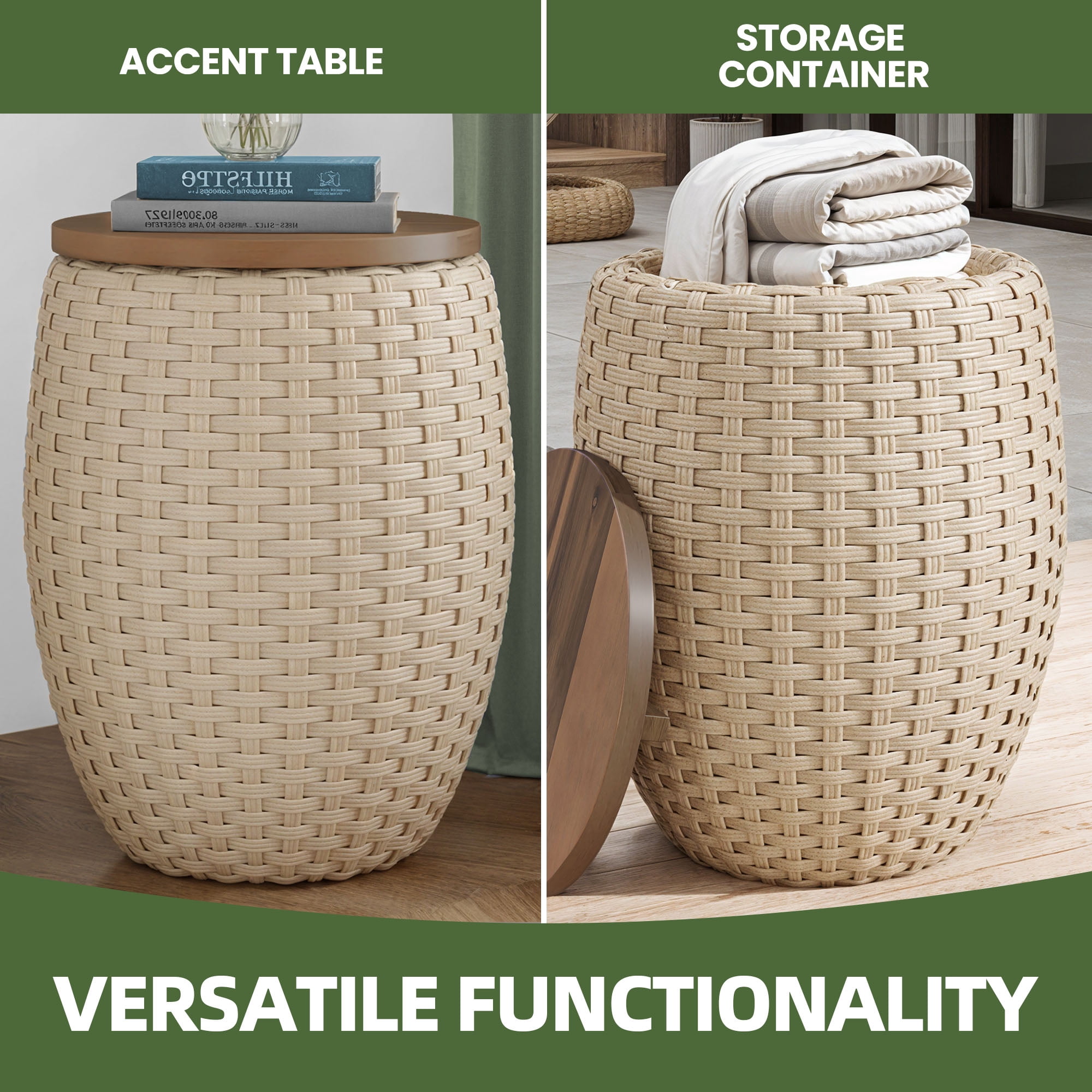 Uforic Outdoor Wicker Drum Side Table set of 2, All-weather Rattan Small Storage Box End Table, Coffee Table with Solid Wood Lid - Brown