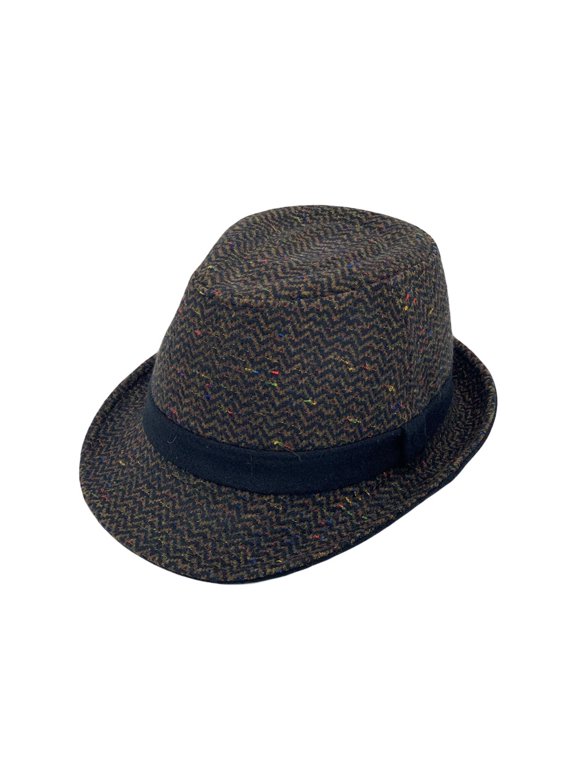 Wool Herringbone Check Fedora Hat Classy Manhattan Trilby For Men Women LD61571 (Brown)
