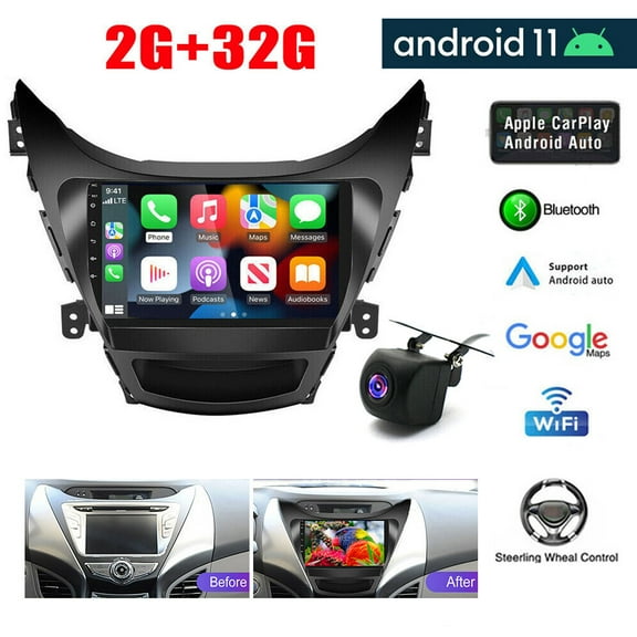 LICHENGTAI Car Radio Stereo Fit for Hyundai Elantra 2011 2012 2013, Wireless Apple CarPlay & Wireless Android Auto 9 Inch Touchscreen Android Car Stereo, GPS Navigation, AHD Backup Camera, 2G 32G