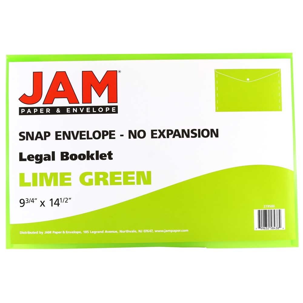 JAM Paper Plastic Envelopes with Snap Closure, Legal Booklet, 9 3/4 x 14 1/2, Lime Green, 3/Pack