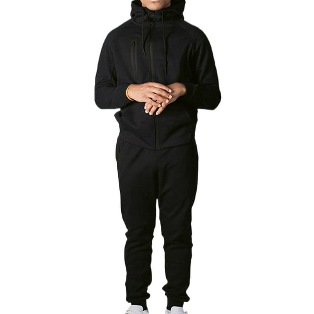 LUXUR Ensemble de Survêtement pour Hommes Sweat à Capuche + Pantalon Ensemble de Jogging à Fermeture Éclair Coupe Régulière Deux Pièces Noir TG
