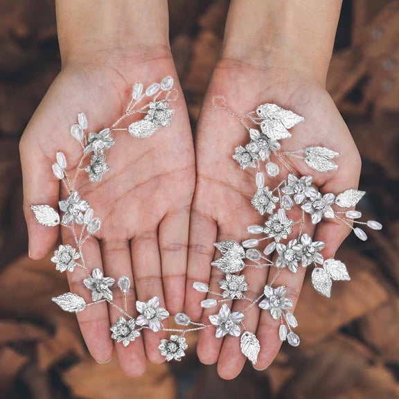 Flower Bride Wedding Hair Vine Leaf Bridal Hair Accessories Pearl Hair Piece Headband for Women and Girls (B Silver)