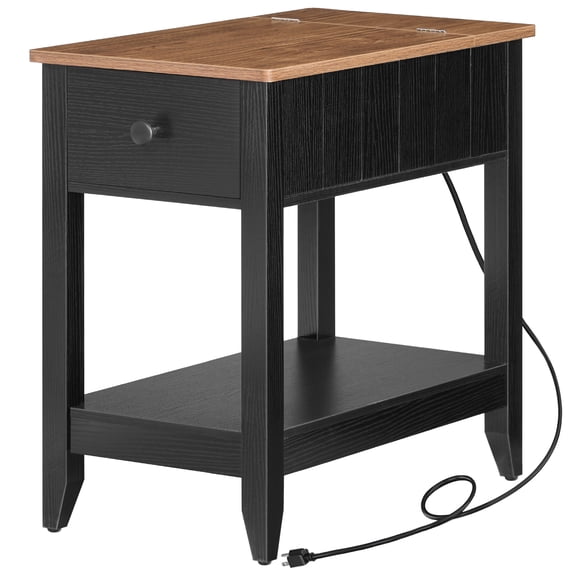HOOBRO Side Table with Charging Station, Drawer & Lift-Top Door, Black and Walnut