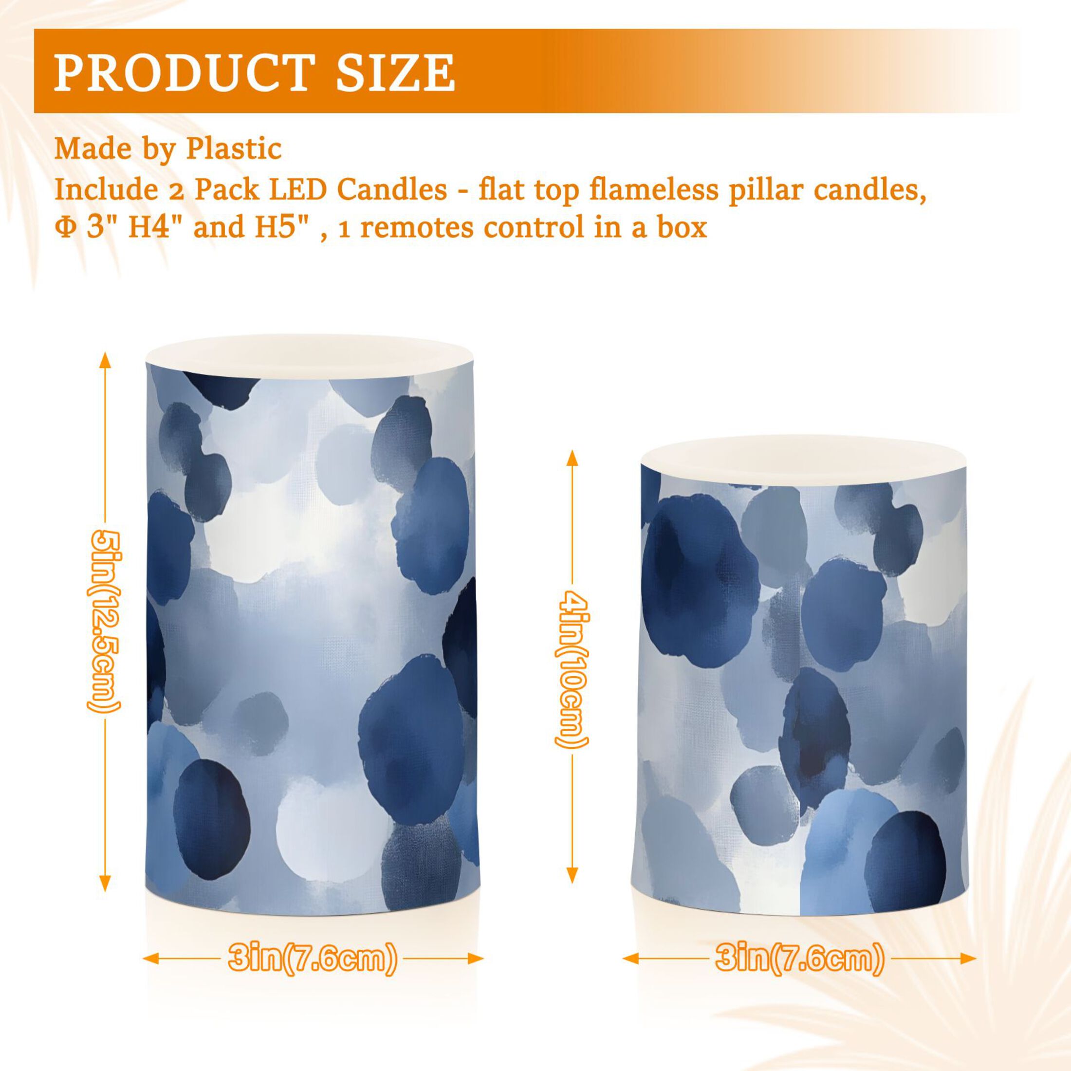 Watercolor Blue and Gray Dots Flickering Flameless Candles Battery Operated with Remote Timer LED Pillar Candles Set of 2