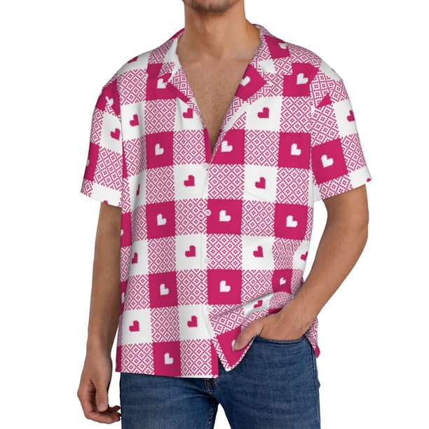 Balery Plaid Heart Camisa Casual de Manga Corta con Botones para Hombre, Texturizada, Estilo Cubano, para Playa, Verano-Small
