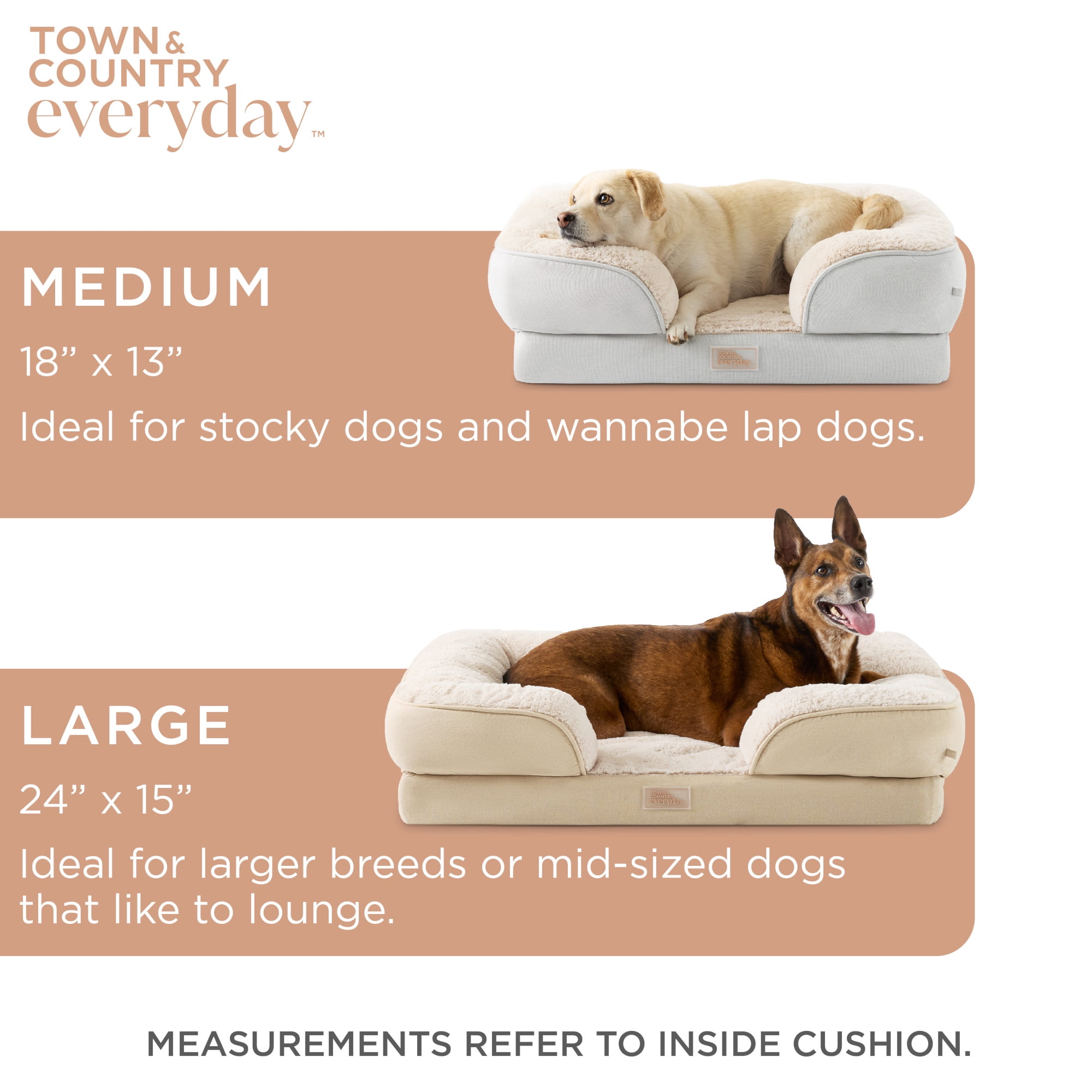 TOWN & COUNTRY EVERYDAY CuddleTown Comfy Solid Bolster Sofa Pet Bed, Supportive & Calming Egg Crate Foam, Water Repellent, Non-Slip Bottom, Machine Washable Cover, Cream, Medium 28"x23"x8"