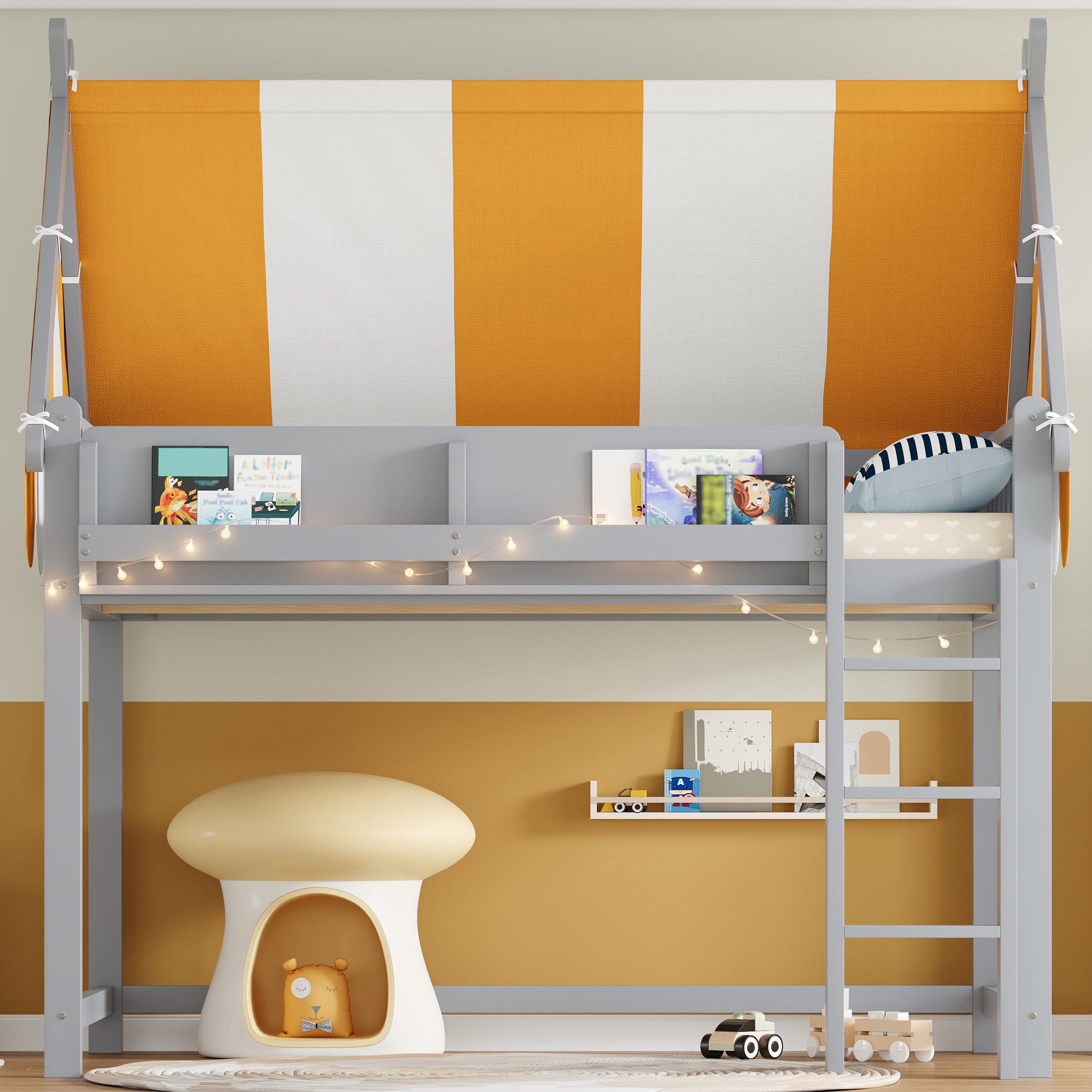 Euroco Wood Full Size Loft Bed with Shelves, House Canopy Bed with LED Light, Gray