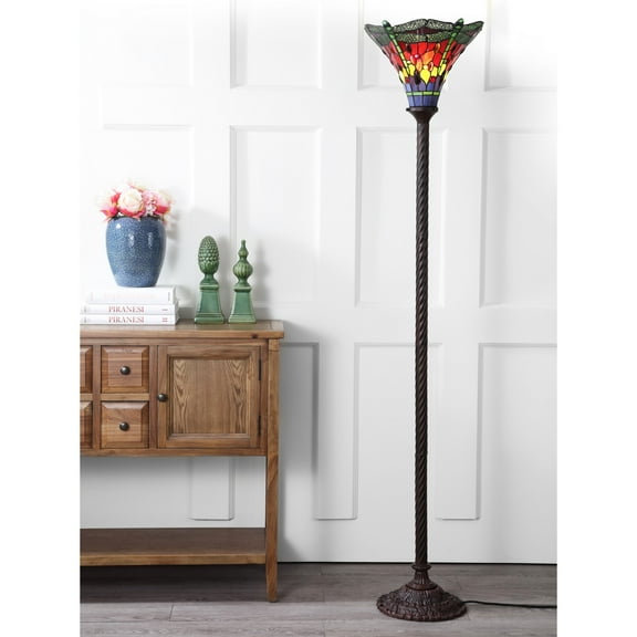 JONATHAN Y Dragonfly Tiffany-Style 71" Torchiere Floor Lamp, Bronze/Green, JYL8002B