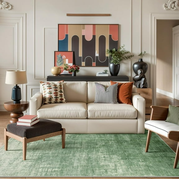 Green 5x7 Area Rug, Soft Non-Slip Living Room Rug, Machine Washable Bedroom Rug with Modern Ombre Design