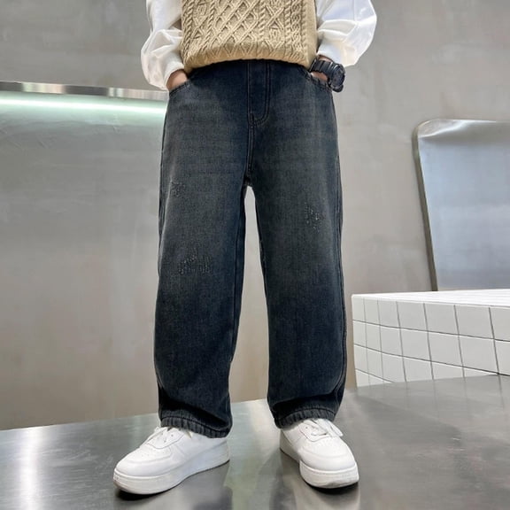 Kids Boys Denim Pants Distressed Texture Elastic Waist Baggy Jeans for Kindergarten School Casual Wear, 5T-15Y