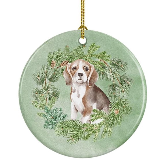 Beagle Puppy Christmas Wreath Ceramic Ornament 2.8 in x 2.8 in