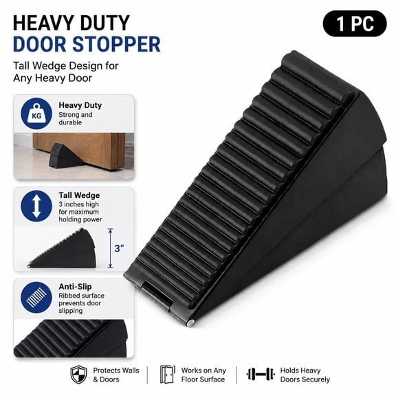 Heavy Duty Door Stopper, Adjustable Spring Large Stopper, 3 inches High Tall Wedge Stoppers for Bottom of Door, Door Stop Suits Any Heavy Door,Doorstops,Black