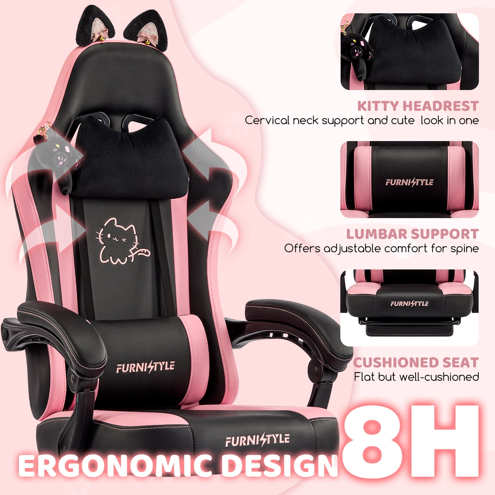 Falvinoryn Cute Gaming Chair, Ergonomic Computer Chair with Cat Ears for Girl, Lumbar Support and Headrest, Reclining Game Chair with Footrest. Black