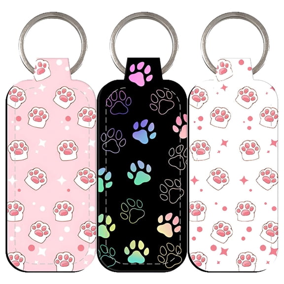 DESIGNICE 3 Pcs Chapstick Holder Keychain, Cute Cat Paw Lip Balm Pouch, Woven Fabric Key Ring Lanyard for Bags