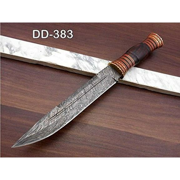 13" Long hand forged Damascus steel exotic Hunting Knife with 7" blade, Exotic Rose wood scale crafted with engraved brass & fiber spacing, Cow Leather sheath included