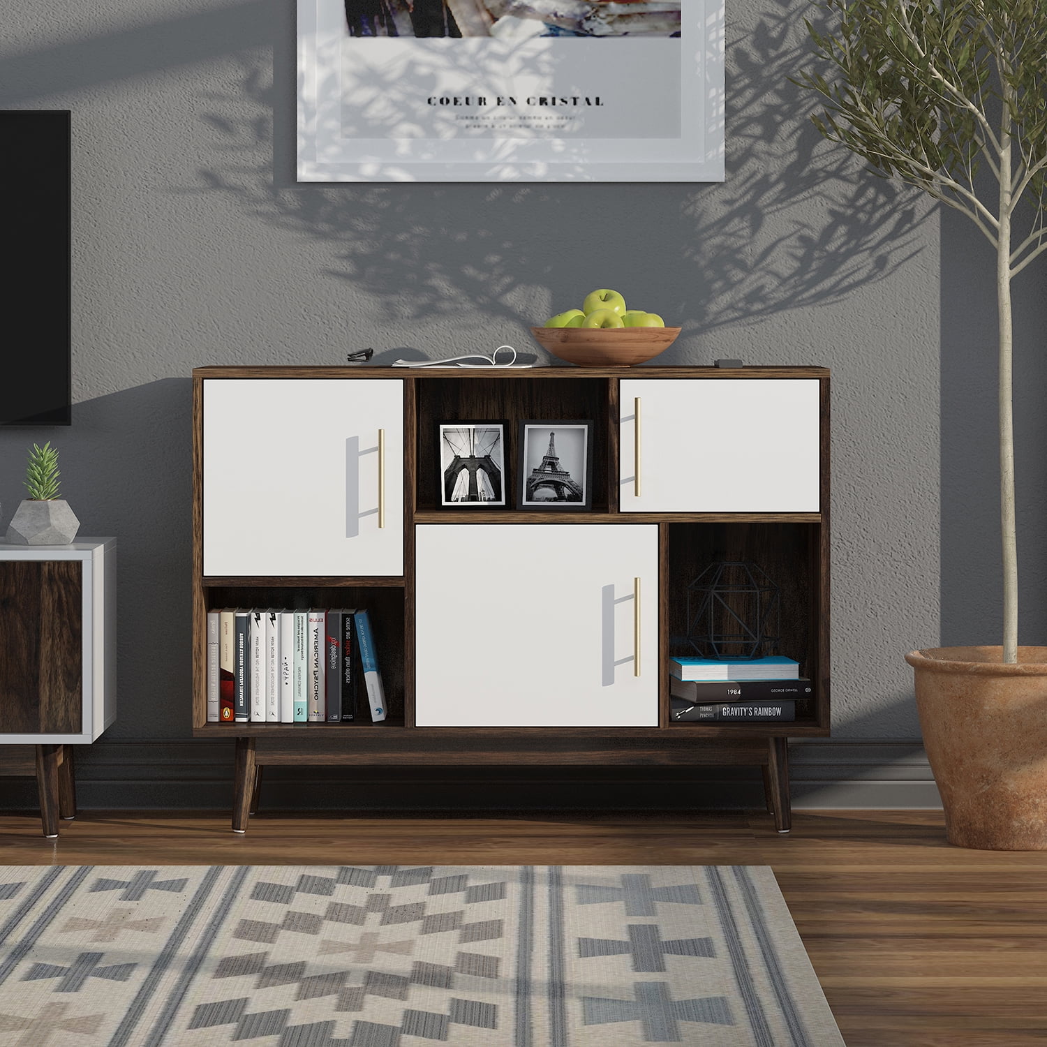 Private Jungle TV Cabinet Storage Organizer, 3 Cubes Wooden Storage Cabinet with 3 Doors, Floor Standing Accent Cabinet with Legs,Walnut+White