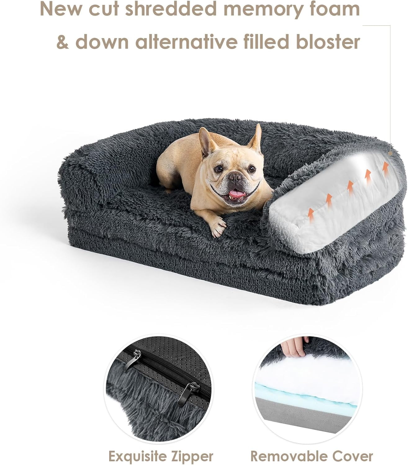 Foldable XL Dog Bed, Faux Fur Fluffy Dog Bed for Extra Large Dogs, Orthopedic Calming Memory Foam XL Dog Couch Bed, Washable Soft Warm Dog Sofa Bed with Non-Slip Bottom, Dark Grey, 40"x30"x6"