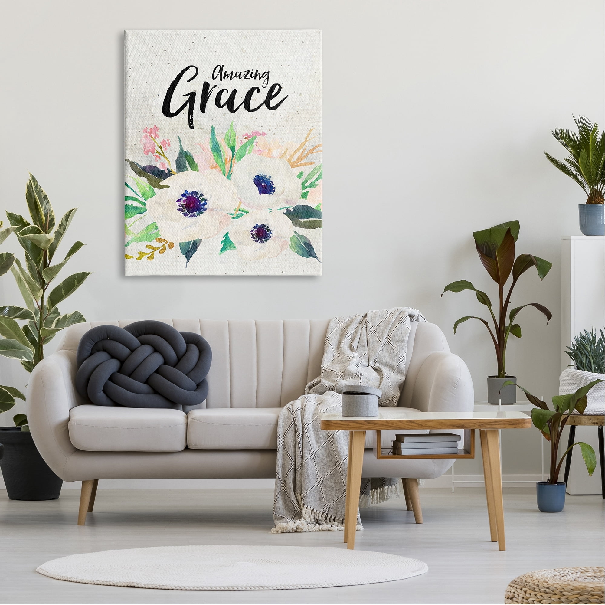 Stupell Industries Amazing Grace Calligraphy White Flower Blossom Botanicals Canvas Wall Art, 36 x 48, Design by Amy Brinkman