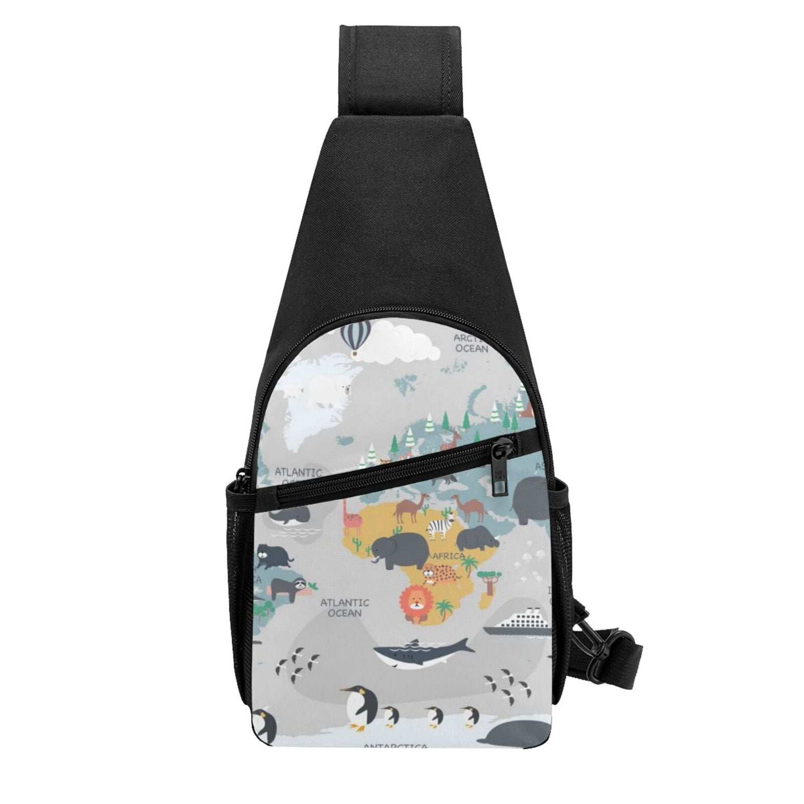 Xecao's The World Map with Cartoon Animals Print Sling Bag: A Versatile Chest, Shoulder, and Crossbody Backpack for Casual Days Out, Perfect for Both Men and Women
