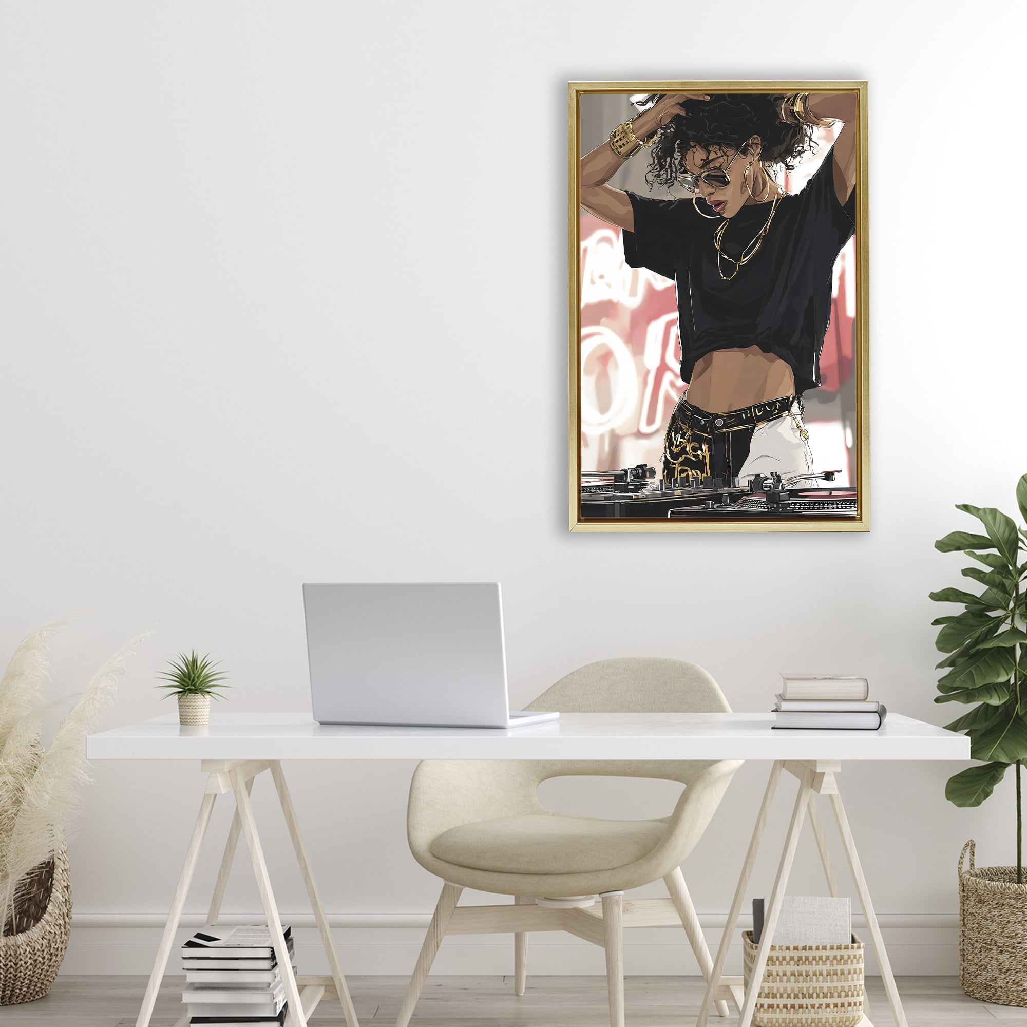 Stupell Industries Trendy Female DJ Musician Gold Framed Floater Canvas Wall Art, design by Franklyn Gregory