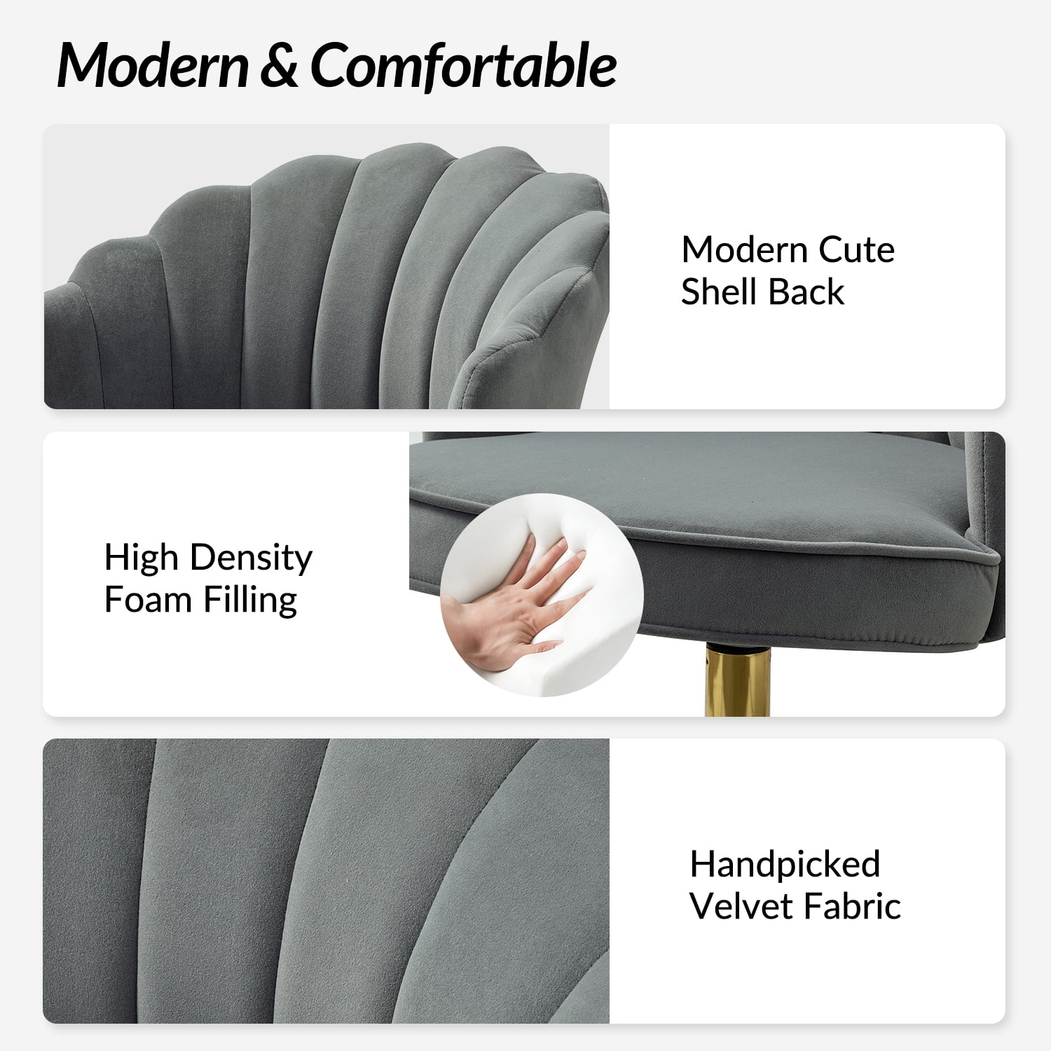 Tina's Home Vanity Makeup Desk Office Chair Velvet Shell Backrest Upholstered Swivel Adjustable Gold Metal Base Bedroom Grey
