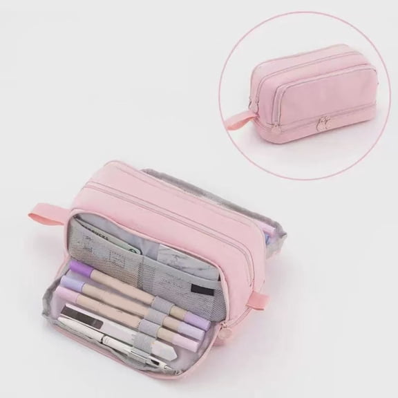 MInHoues 4-Compartment Large Capacity Pencil Case, Multifunctional Solid Color Pen Pouch, Unisex Oxford Cloth Stationery Storage Organizer for School Office Supplies, Pink