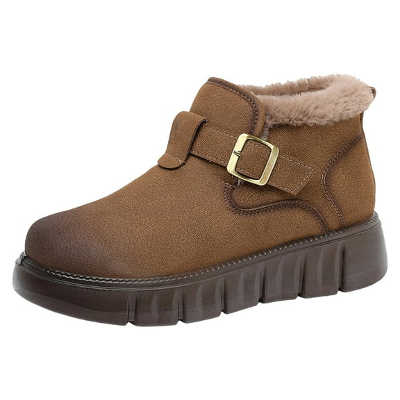 Womens Winter Warm Platform Boots Classic Round Toe Warm Fleece Lined Ankle Booties Comfortable Slip On Casual Shoes with Buckle Strap Brown Size 8.5