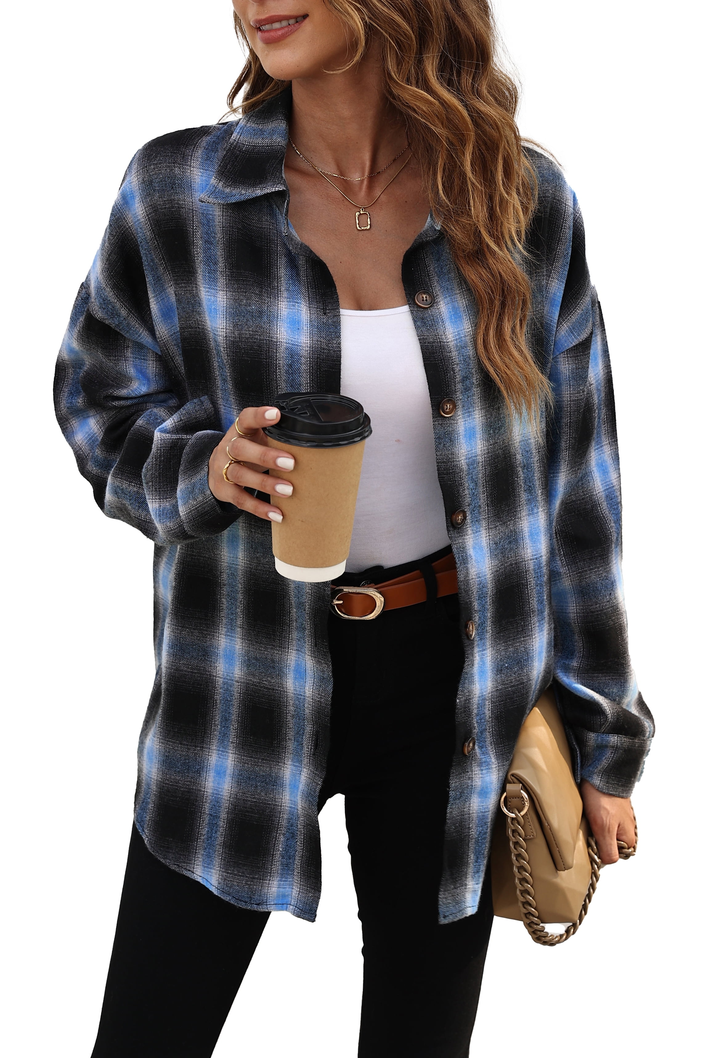 Fantaslook Plaid Flannel Shirts for Women Oversized Long Sleeve Button Down Shirts Blouses Tops