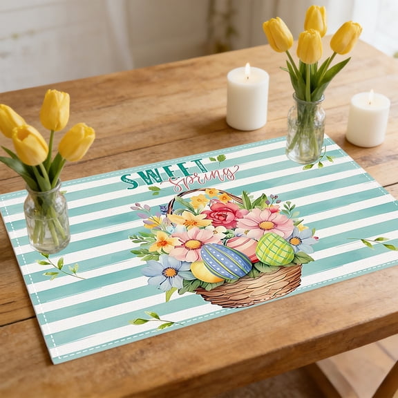 Easter Placemats,Easter Table Decor,1pc Easter Placemat Flower Rabbits Easter Egg Dining Table Mat Decoration Linen Printed Insulated Placemat,Dining Room Table Decor(C)