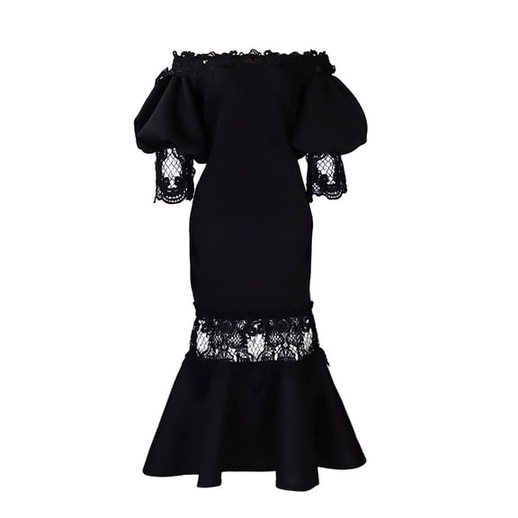 AURA Womens Off Shoulder Lace Fishtail Midi Dress High Waist Party Cocktail Zipper
