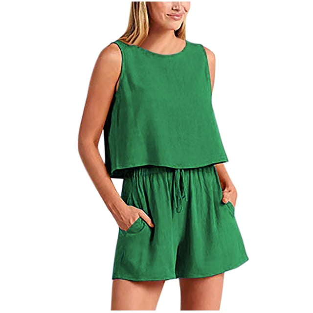 AherBiu Summer Outfits for Women Sleeveless Crop Tank Tops Elastic Waist Drawstring Travel Vacation Lounge Sets