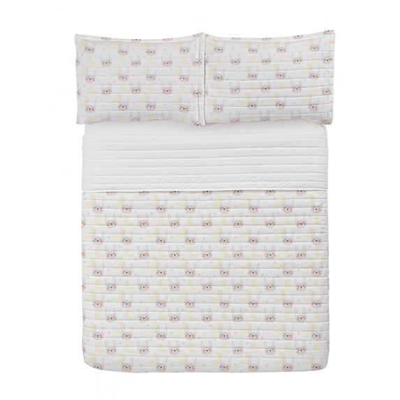 Bunny Microfiber Bedspread Set, Continuous Pattern of Sleeping Rabbit Pastel Clouds Stars Dreaming Night, Soft Bedding Set with Pillow Shams & Comforter, 3 Sizes, White Pearl and Beige, by Ambesonne