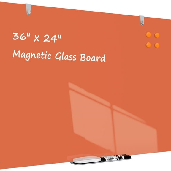 Glass Dry Erase Board for Wall, 36x24 Inches Magnetic Glass Whiteboard, Orange Frameless White Board for Office School Classroom Home, 3x2 Feet Large Whiteboard Wall Mounted