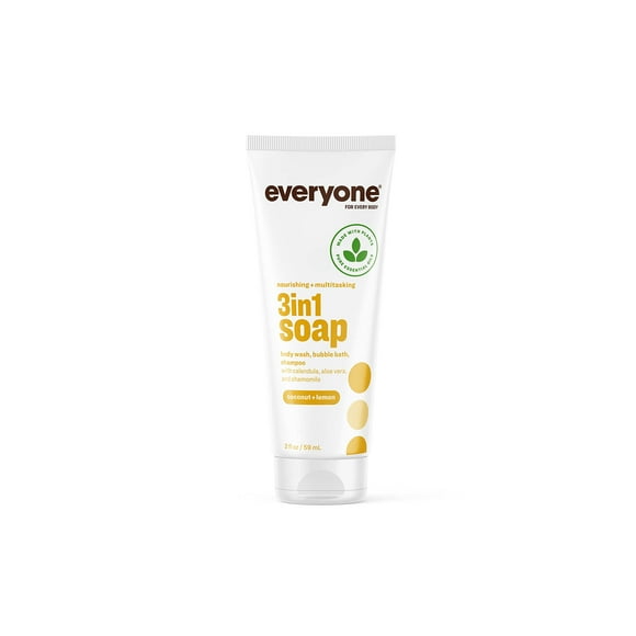 Everyone Jabón 3 en 1 Jabón corporal Champú de baño de burbujas Tamaño de viaje 2 onzas (paquete de 1) Coco y limón elaborado con aceites esenciales para hombres y mujeres
