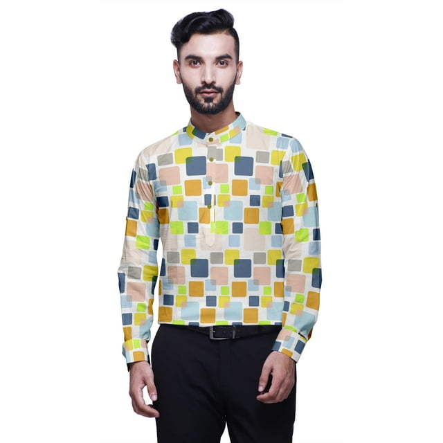BESTMAN Chemise à Col Mandarin pour Homme Coupe Régulière Imprimée Kurta Courte pour Homme