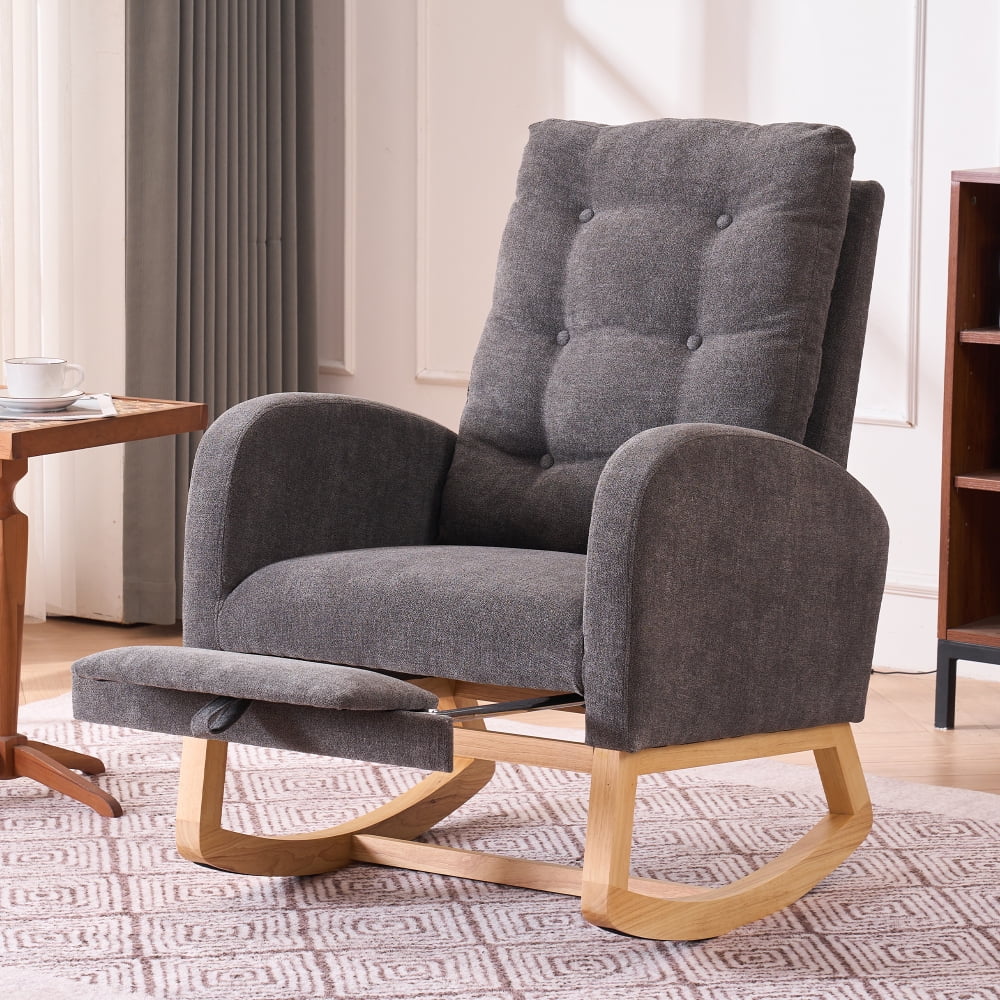 LUCKHAO   Accent Rocking Chair with High Back , Nursery Rocking Chair with Retractable Foot Rest,  Glider Rocking Chair with Solid Wood Legs ,Button Decors Mid Century Rocker Chair