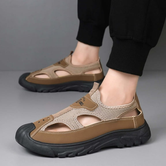 Men's Slides Adjustable Slip on Sandals Fashion Casual Spring And Summer Hollow Mesh Breathable Soft Sole Soft Leather Toe Slip-On Outdoor Sandals